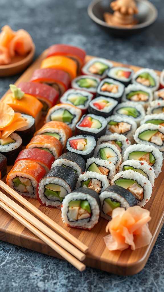 Sushi Rolls: A Beginner Colorful sushi rolls with avocado, cucumber, crab on a wooden platter, garnished with ginger and wasabi.